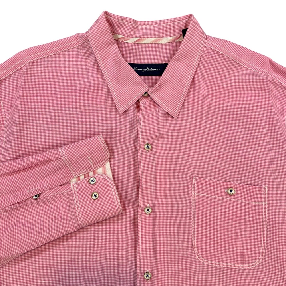 Tommy Bahama Mens Pink Gingham Linen Blend Button Up Dress Shirt Size‎ XL